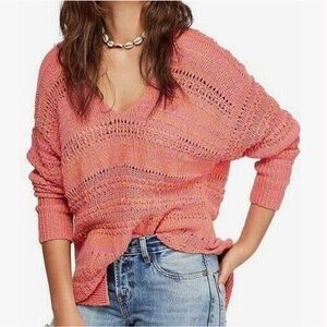 Free People  Hot Tropics V-neck Open Knit Pullover Pink Orange Sweater size L